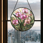 Stained Glass Window Hanging - Pink Phalaenopsis Orchid Green Leaves Sun Catcher for Door Home Decor Flower Suncatcher Christmas Mother's Day Birthday Gifts for Women Men Mom Nana 9.8 in