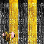 4 Pack 3.2Ft x 6.6Ft Black and Gold Fringe Curtain Backdrop, Metallic Tinsel Foil Fringe Streamers Curtains Background for Photo Booth Birthday Wedding Graduation Carnival Party Decorations