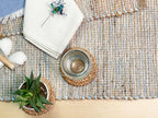 Chardin home Natural Jute Table Runner 13x48 Inch – Vintage Boho Rustic Table Decor – Handwoven Table Runner in Natural Jute and Sky Blue-White – Farmhouse Dining or Console Table Accent