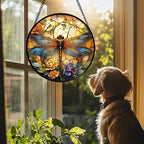 Stained Glass Window Hanging - Orange Blue Dragonfly Flower Suncatcher for Doors Window Home Sun Catchers Decor Christmas Mother's Day Birthday Outdoor Gifts for Women Men Mom Nana 6.3 in