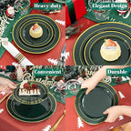 175PCS Green Plastic Plates - Green and Gold Disposable Plates 25Guests Plastic Christmas Plates with Rolled Napkins for Birthday/Christmas