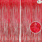 BRAVESHINE Red Tinsel Foil Fringe Curtains - 2Pcs 3.2x8.2ft Holidays Photo Booth Backdrop for Girl/Birthday/Valentine’s/Christmas/Bridal/Bachelorette/Anniversary/Engagement Party/Halloween Decorations