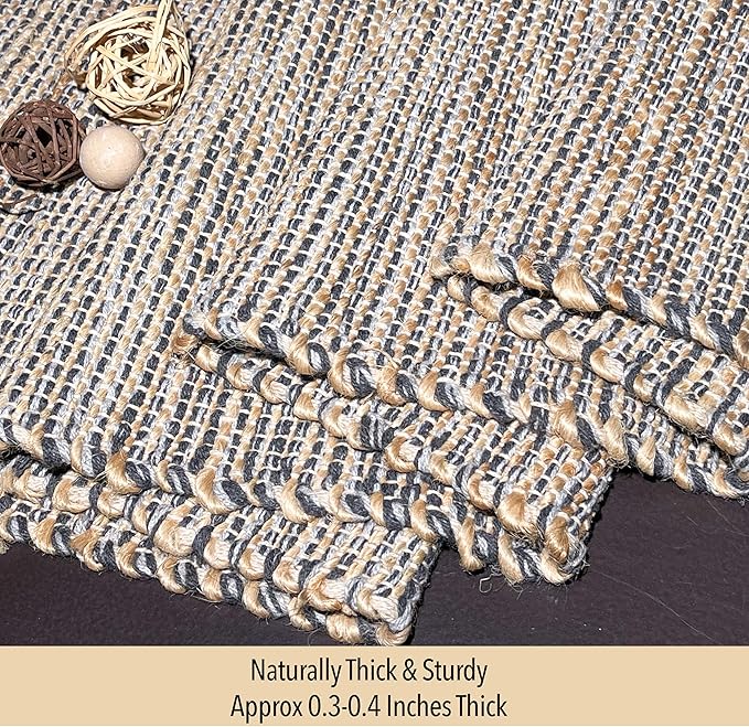 Chardin home Natural Jute Table Runner 13x108 Inch – Vintage Boho Rustic Table Decor – Handwoven Long Table Runner in Natural Jute and Grey – Farmhouse Dining or Console Table Accent