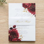PONATIA 50 Pieces Vellum Jackets for 5x7 Invitation Cards - Red Flowers Printed Vellum Sleeves, Quinceanera Wedding Invitation Cards Wraps, Transparent Christmas Gift Cards Jackets