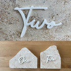 Cursive Wedding Table Number SET, DIY thin modern Black or White acrylic cutouts with silicone glue included. Words only, no backing (One - Twenty Five, Gloss White)