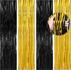 BTSD-home 4 Pack Black Gold Metallic Foil Fringe Curtain Tinsel Streamer Party Decorations Photo Booth Backdrop for Bachelorette Birthday Halloween
