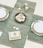 Chardin home Natural Jute Table Runner 13x36 Inch – Vintage Boho Rustic Table Decor – Handwoven Table Runner in Natural Jute and Aqua Turquoise – Farmhouse Dining or Console Table Accent