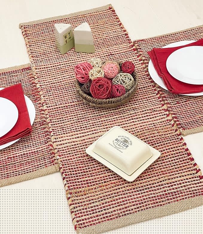 Chardin home Natural Jute Table Runner 13x48 Inch – Vintage Boho Rustic Table Decor – Handwoven Table Runner in Natural Jute and Red – Farmhouse Dining or Console Table Accent