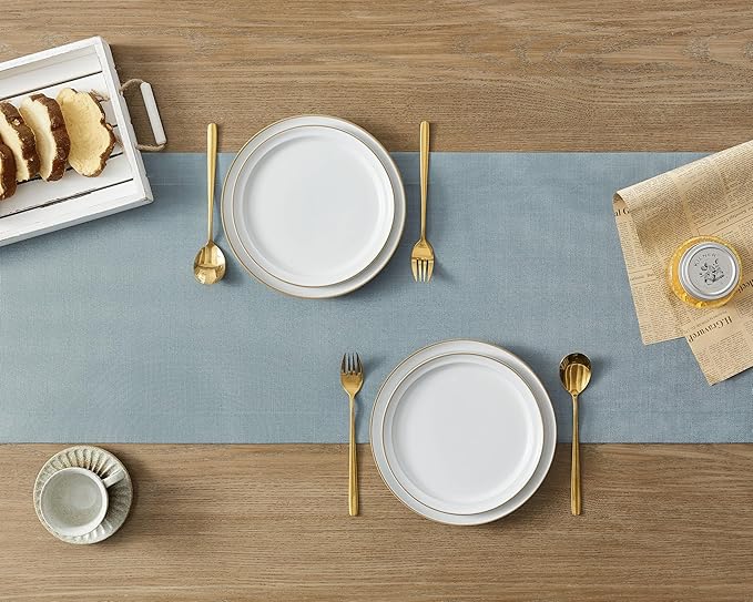 ZeeMart Linen Textured Border Table Runner, 14 x 48 Inch Blue, Farmhouse Style Dusty Blue Table Runners 48 Inches Long, Easy Care Everyday Polyester Table Runner