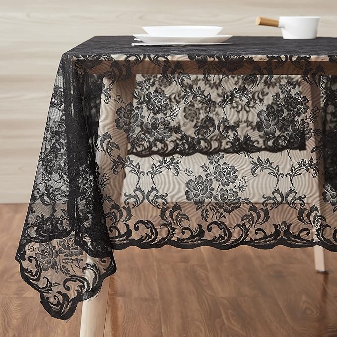LinenZone Black Rectangle Tablecloth for Rustic Vintage Decor. Sheer Lace Tablecloth Works Great As Wedding Tablecloth, Thanksgiving Tablecloth or Baby Shower Tablecloth (Mia TC 54 x 72, Black)