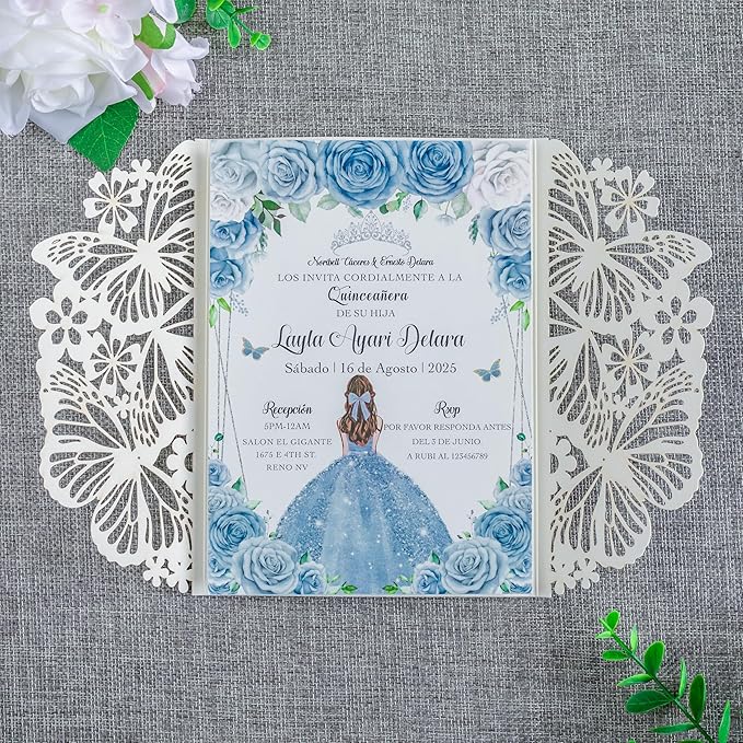 20 PCS 5.12x7.2 Butterfly Personalized Quinceanera Invitation, Customized XV Anos Laser Cut Invitation Cards with Envelopes (Silver Glitter Personalized)