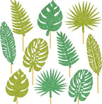 20pcs Glitter Tropical Leaves Centerpiece Decorations for Table Green Palm Leaf Theme Centerpiece Sticks Hawaiian Luau Birthday Decorations for Summer Jungle Theme Birthday Party Baby Shower Supplies