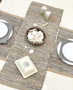 Chardin home Natural Jute Table Runner 13x36 Inch – Vintage Boho Rustic Table Decor – Handwoven Table Runner in Natural Jute and Grey – Farmhouse Dining or Console Table Accent