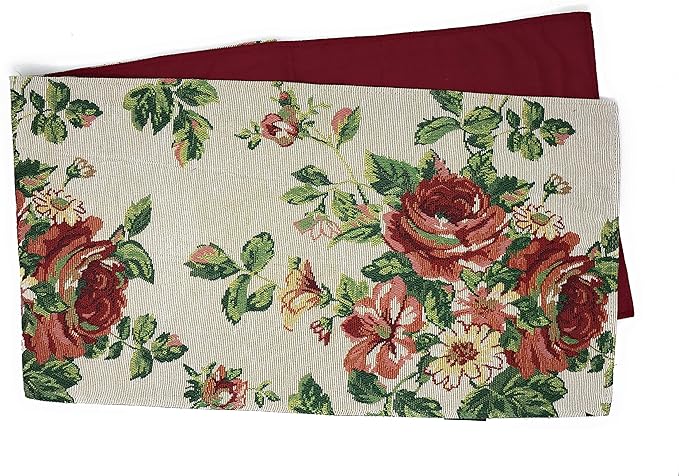 Tache Sweet Roses Spring Summer Flower Traditional French Country Vintage White Red Floral Decorative Woven Tapestry Long Kitchen Dining Table Runners, 13 x 90