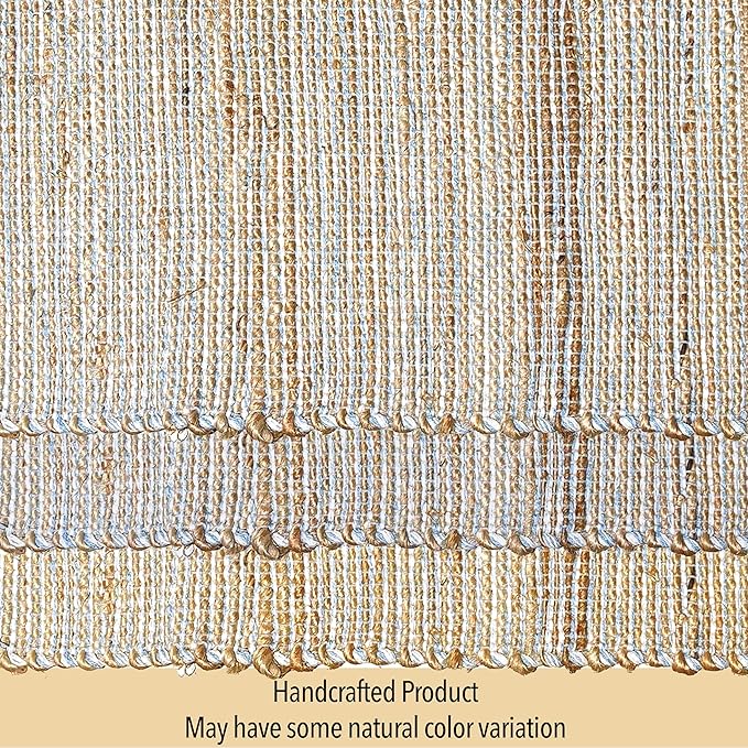 Chardin home Natural Jute Table Runner 13x48 Inch – Vintage Boho Rustic Table Decor – Handwoven Table Runner in Natural Jute and Sky Blue-White – Farmhouse Dining or Console Table Accent