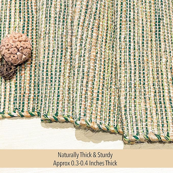 Chardin Home Natural Jute Table Runner 13x72 Inch – Vintage Boho Rustic Table Decor – Handwoven Table Runner in Natural Jute and Green – Farmhouse Dining or Console Table Accent