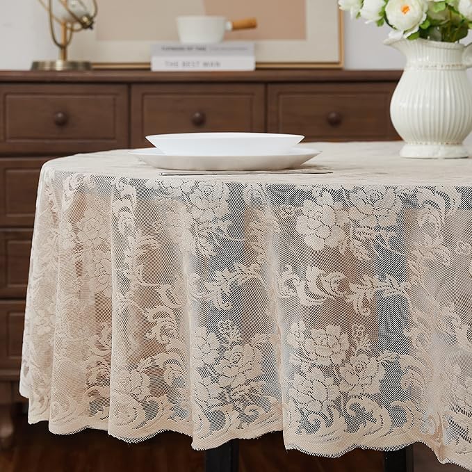 LinenZone Linen Oval Tablecloth for Rustic Vintage Decor - Sheer Lace Works Great as Wedding, Thanksgiving or Christmas Tablecloth (Mia Oval 84, Linen)